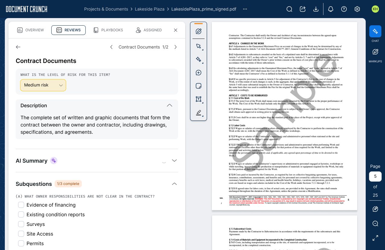 Reviews 2.0 with risk-level status questions, AI Summary, and subquestions