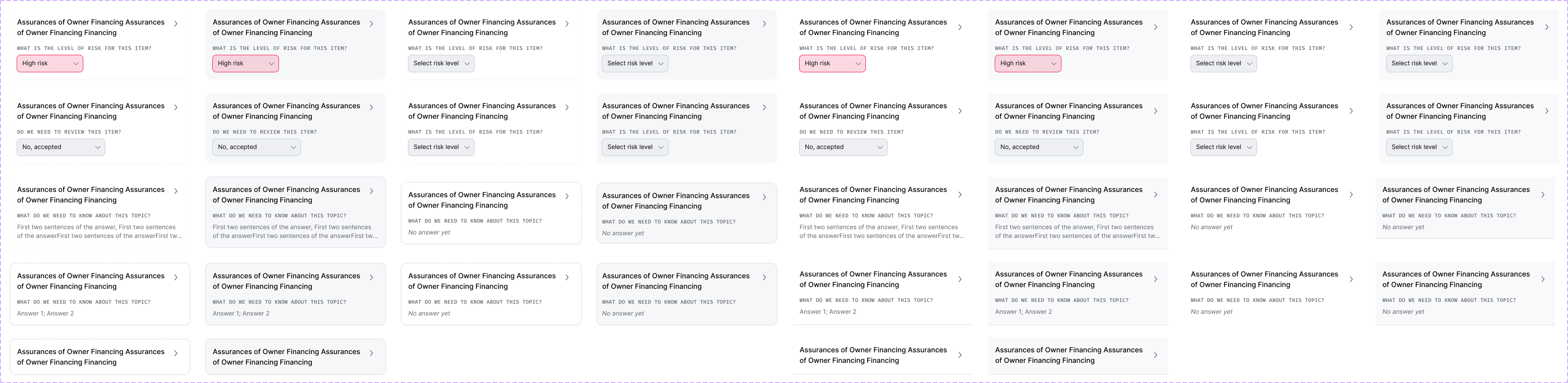 Wireframe sheet exploring every state of an editable status question — risk dropdowns, accept/review states, free-text answers, and multi-option responses