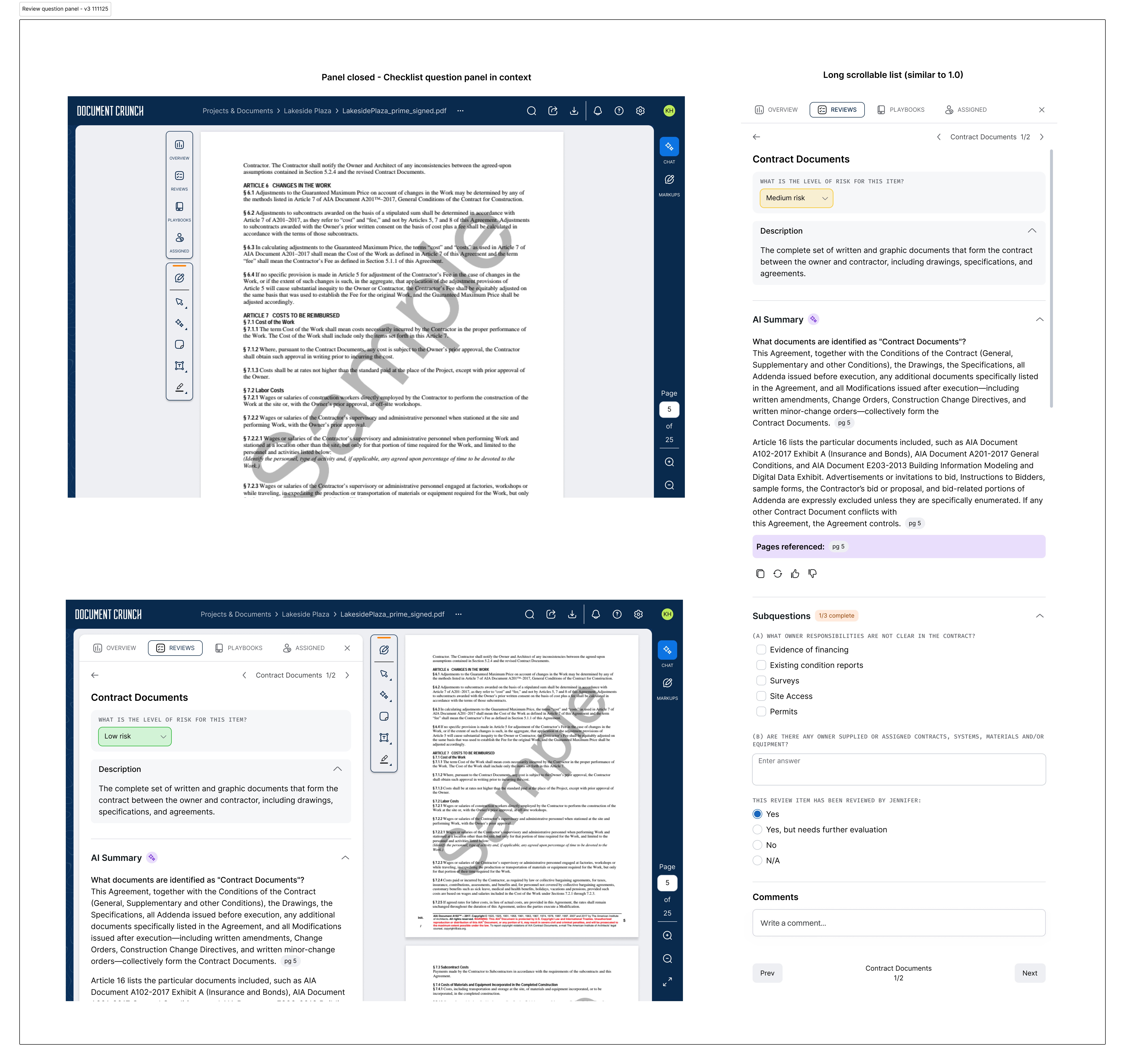 Wireframe showing review question panel in context alongside the long scrollable checklist list view
