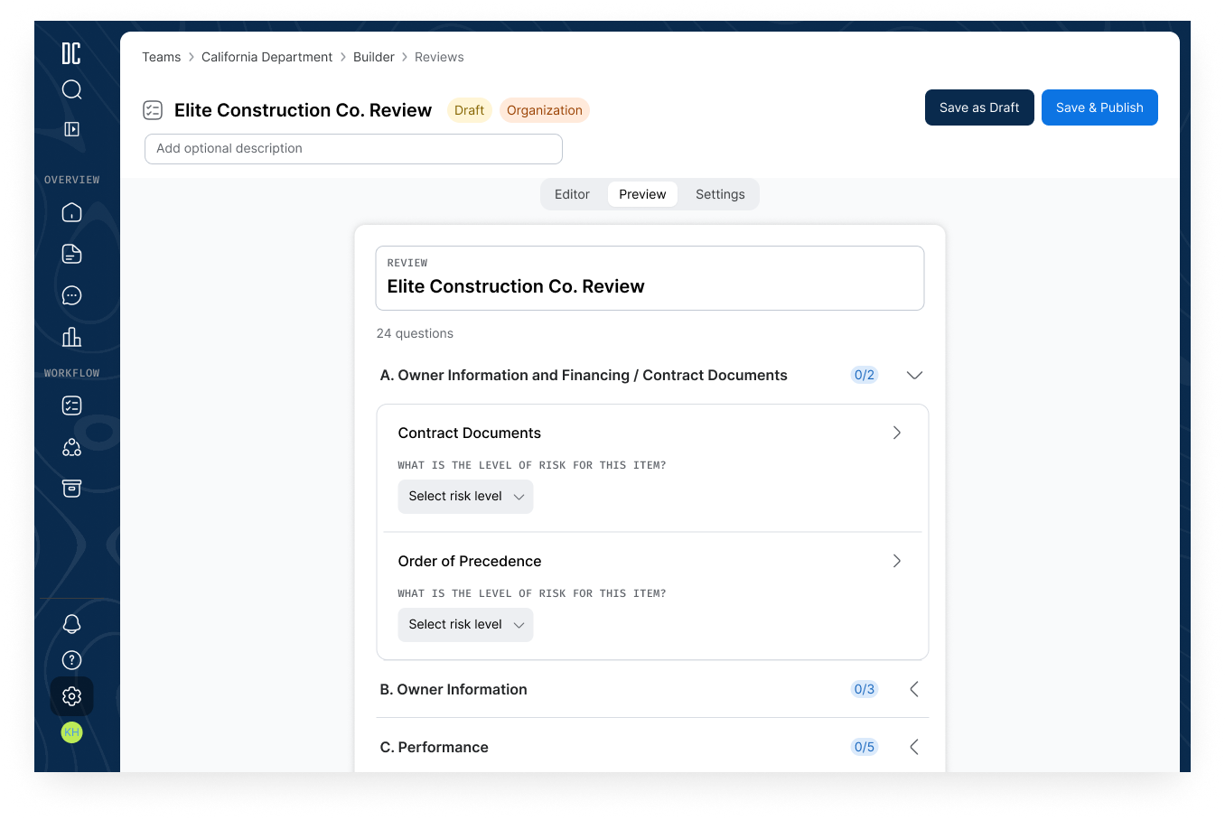 Final design — checklist preview view showing 24 questions across grouped sections with risk-level selectors