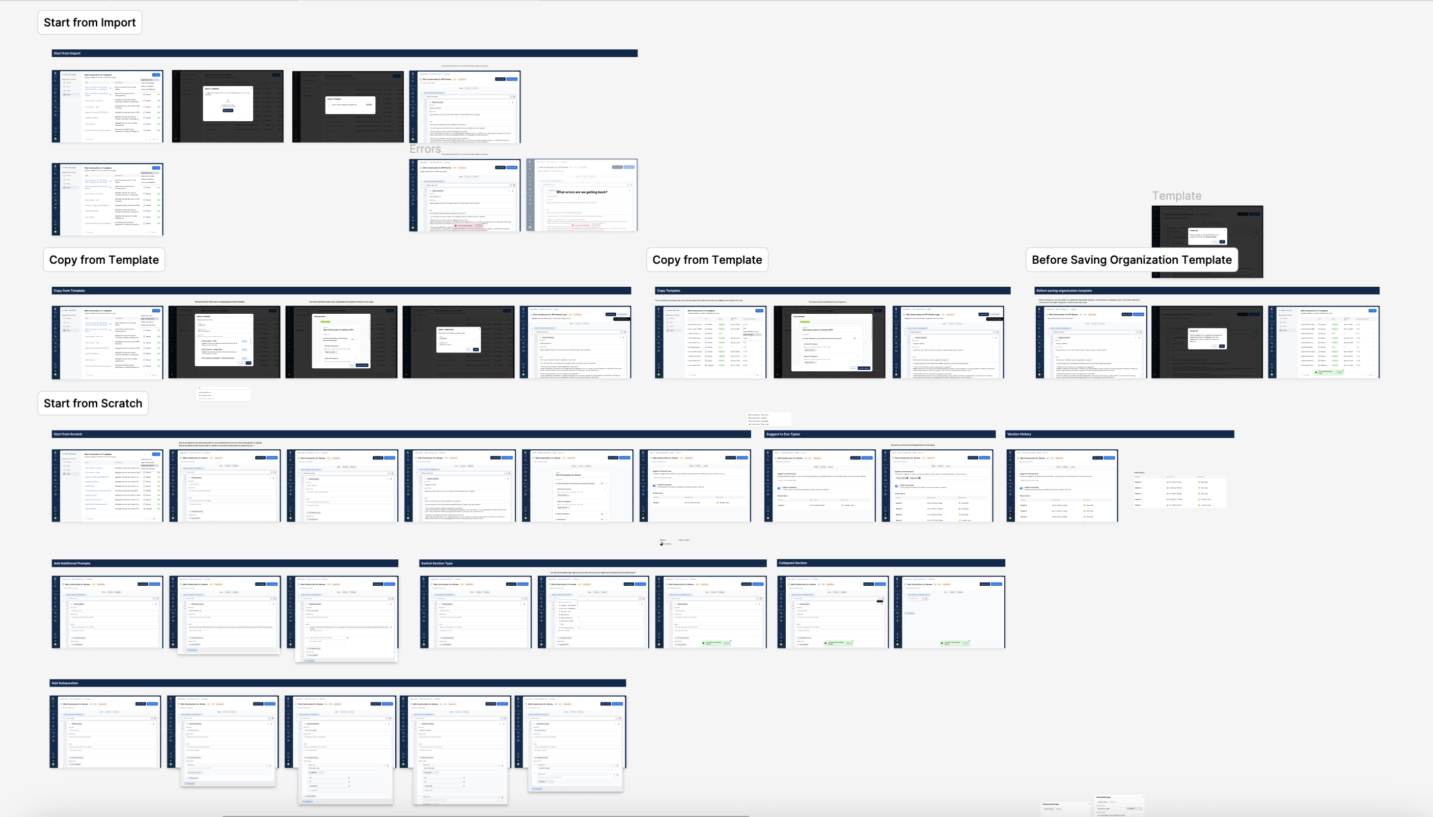 Customization Builder wireframes — checklist creation flows (Start from Import, Copy from Template, Start from Scratch)