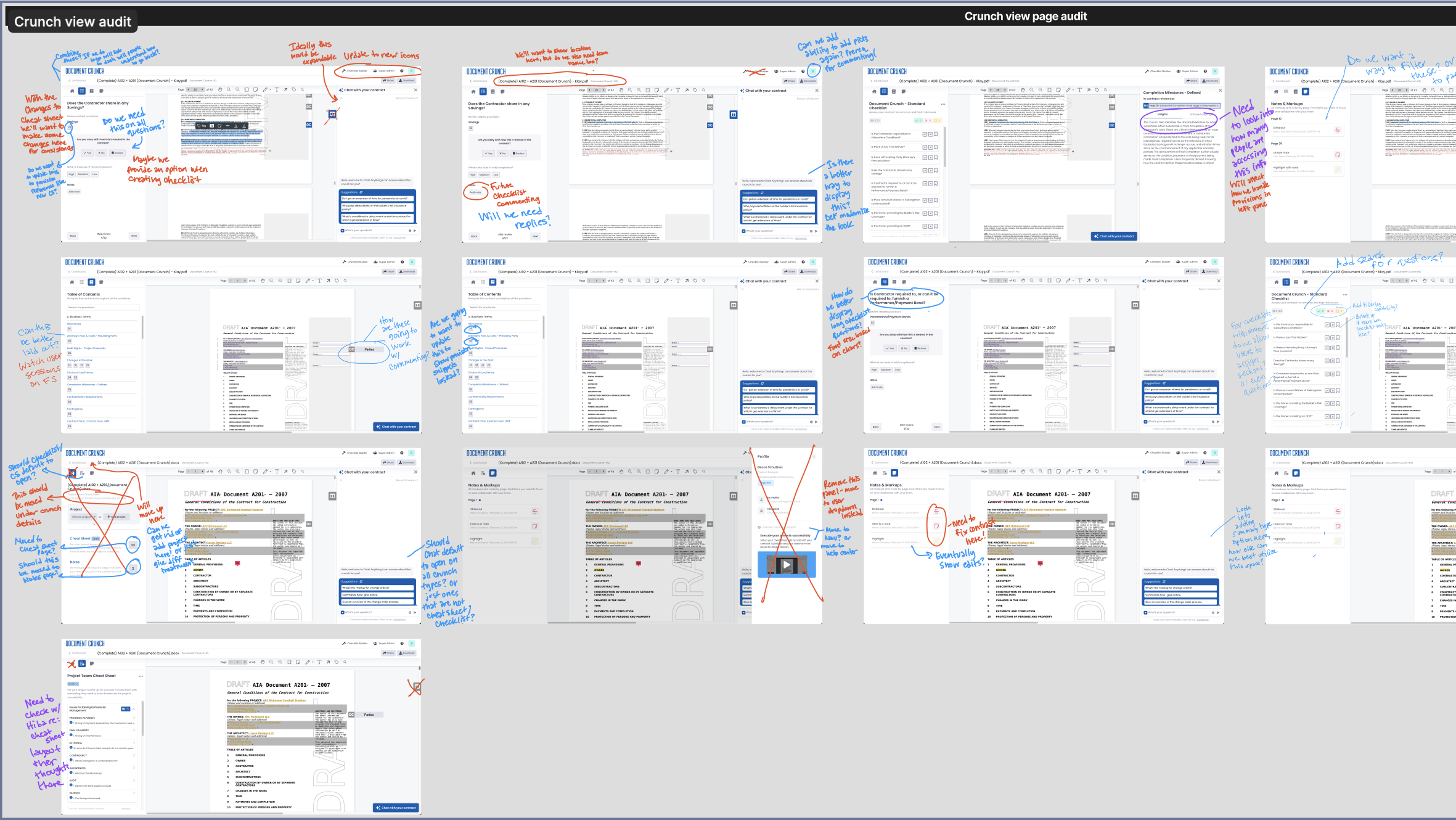 Annotated audit of the existing Document View — every screen marked up with notes on duplications, layout issues, and discoverability problems