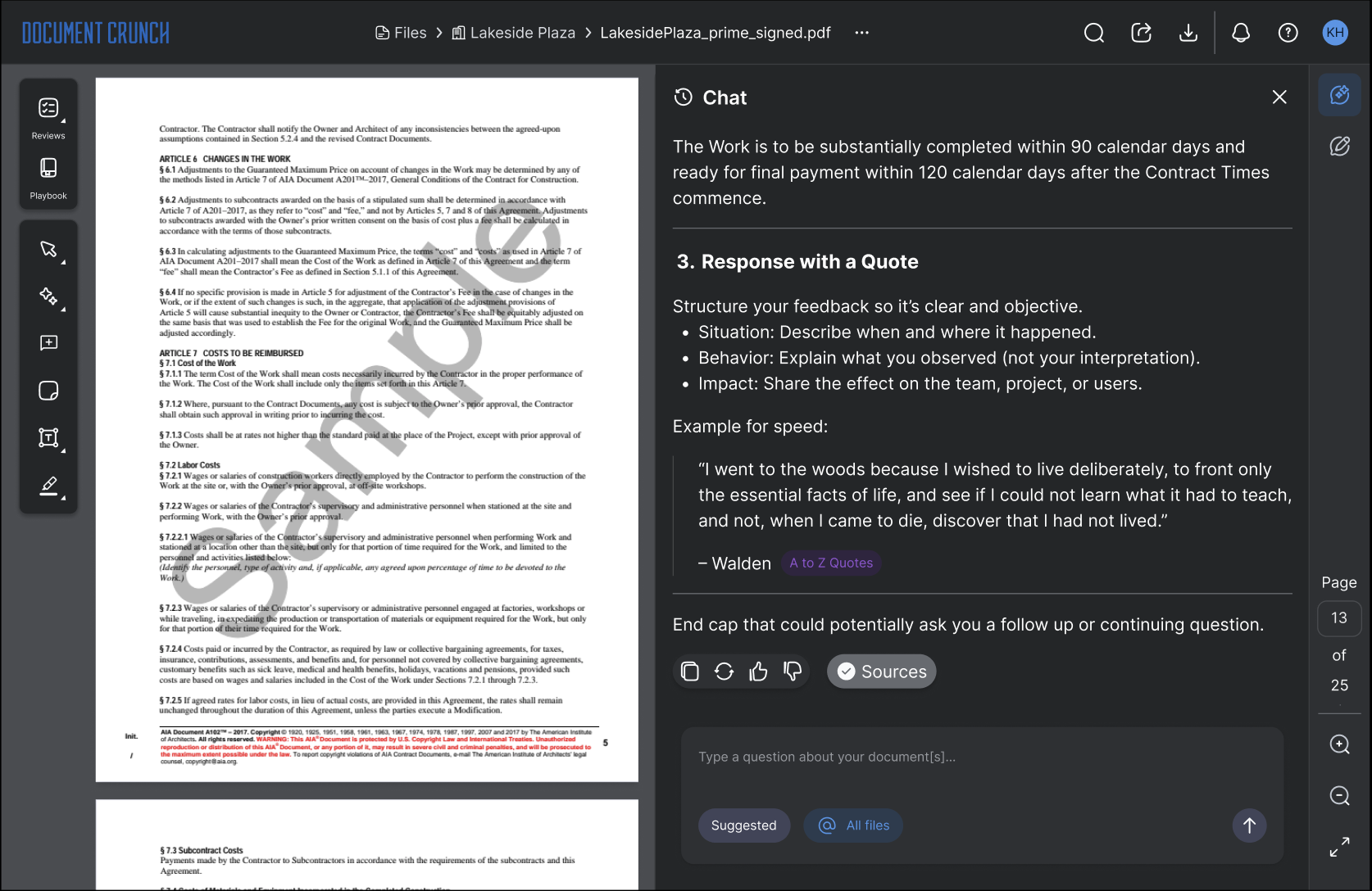 Document View in Dark Mode — dark navigation, document content, and Chat panel showing structured AI response with source citations