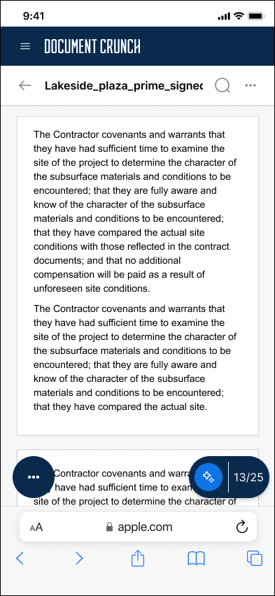Mobile document view with dark navigation header and floating action button