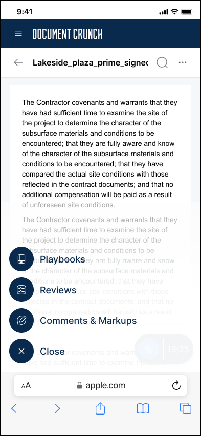 Mobile floating action menu expanded showing Playbooks, Reviews, and Comments & Markups