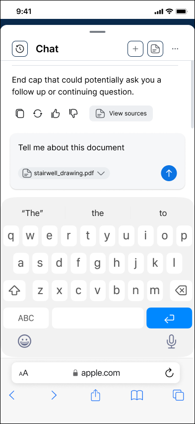 Mobile Chat panel with input and view-sources affordance
