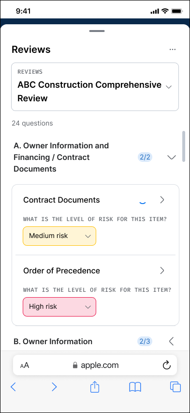 Mobile Reviews panel showing checklist sections with risk-level selectors (Medium risk, High risk)