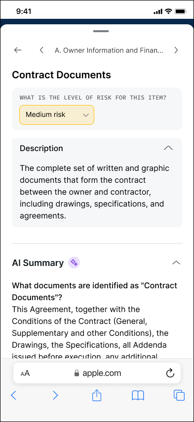 Mobile checklist item detail view with risk level, description, and AI summary