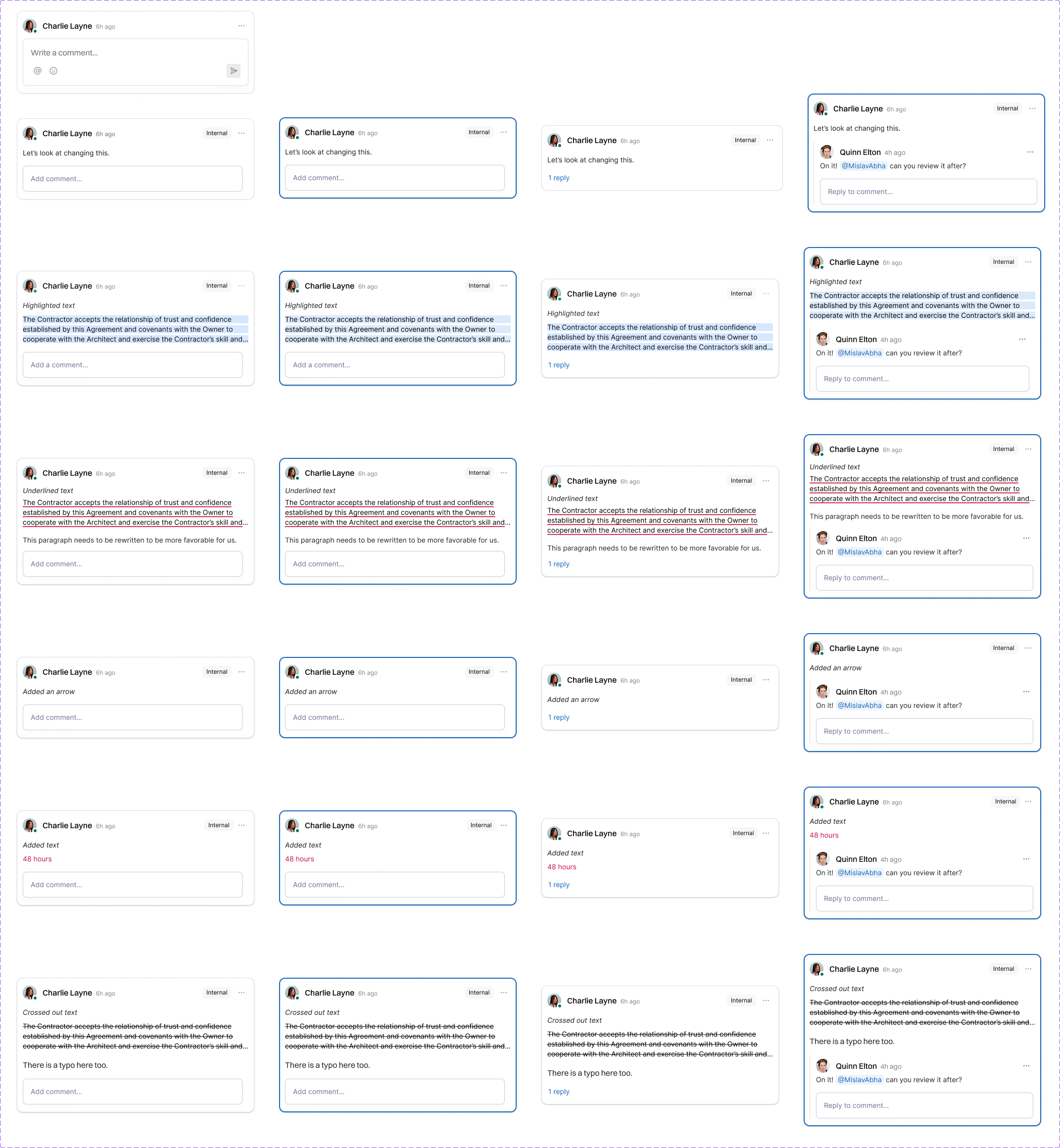Comment system wireframes showing how comments attach to different annotation types