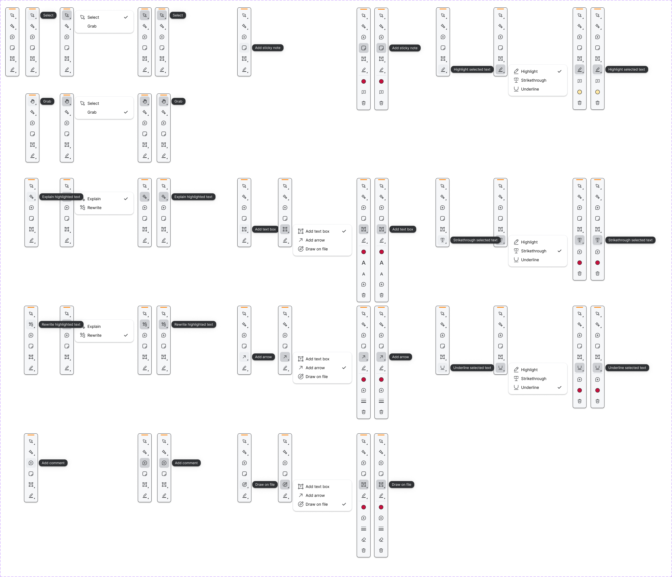 Markup toolbar wireframes showing every state of every tool